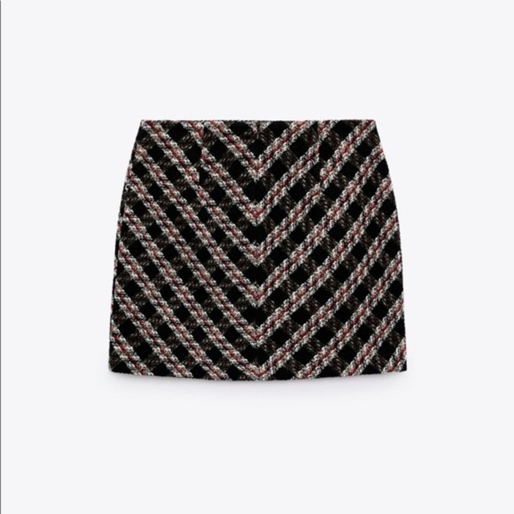 Zara Skirt‎ tweed black/red plaid holiday mini classic Christmas traditional XL - Picture 3 of 11